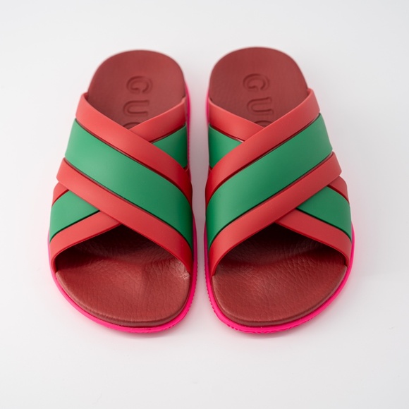 size 37G - Gucci Slide Sandals Cross Striped Red Green Web Rubber - Picture 3 of 10